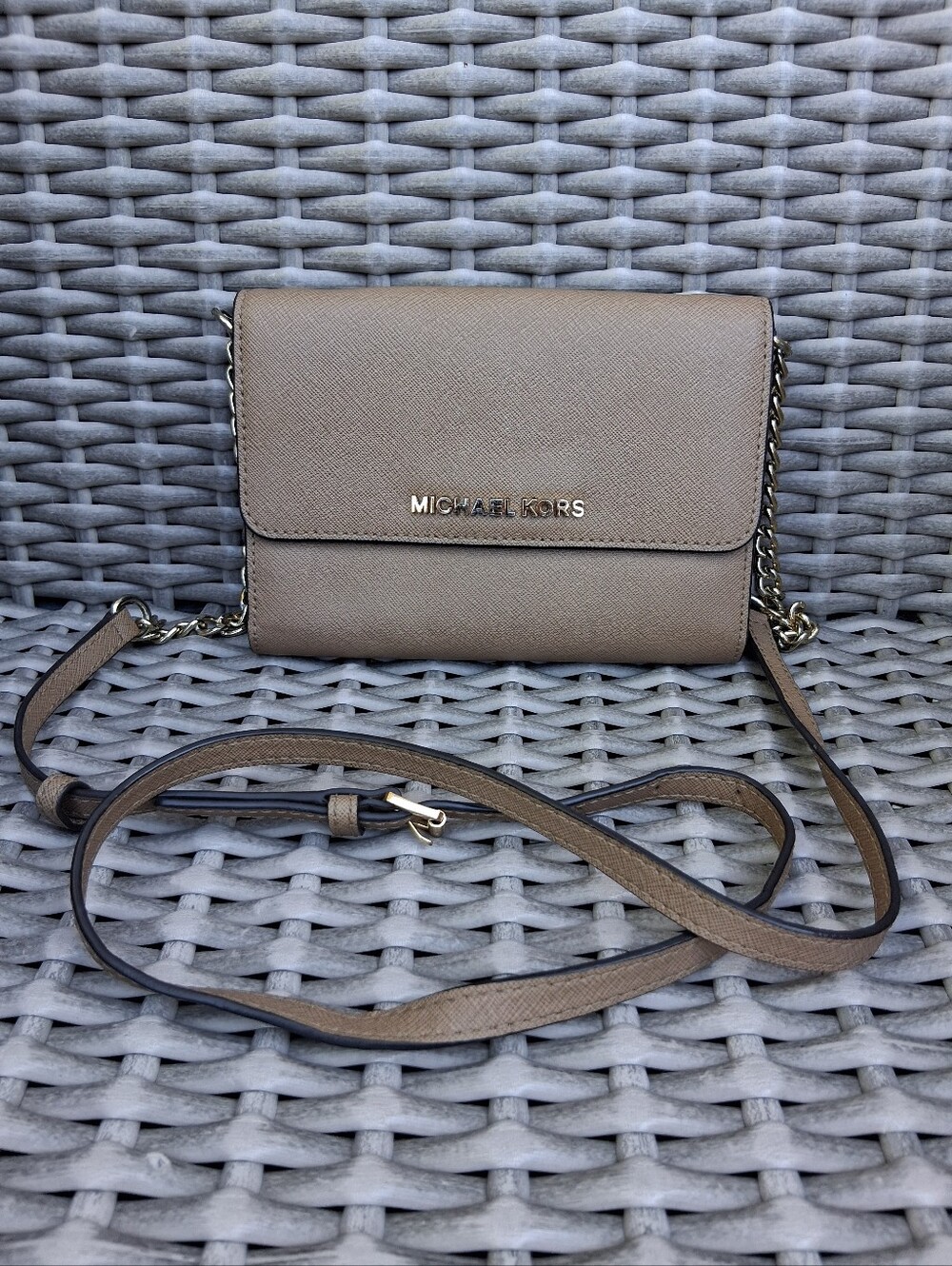 Michael Kors Taupe Saffiano Leather Crossbody with Gold Logo